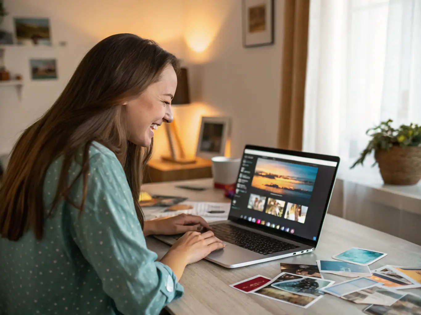 A person smiling while effortlessly organizing photos on their computer using Tag That Photo software, showcasing the user-friendly interface.